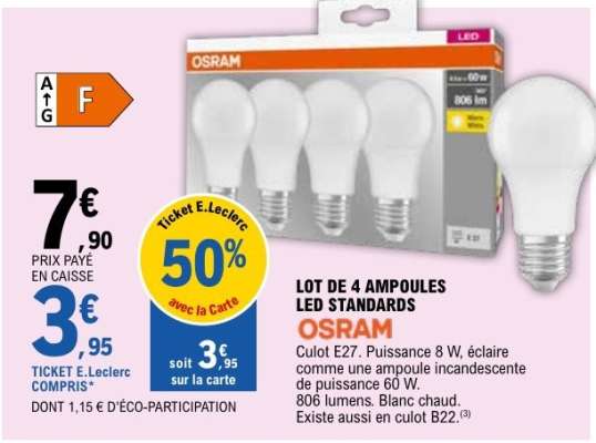 LOT DE 4 AMPOULES LED STANDARDS OSRAM