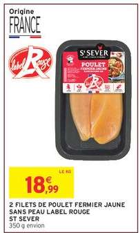 2 FILETS DE POULET FERMIER JAUNE SANS PEAU LABEL ROUGE ST SEVER