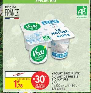 Yaourt spécialité au lait de brebis bio nature Vrai