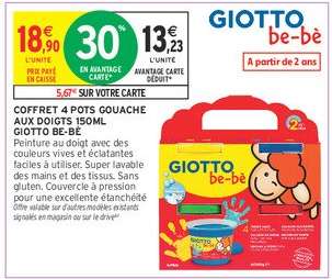COFFRET 4 POTS GOUACHE AUX DOIGTS 150ML GIOTTO BE-BÈ
