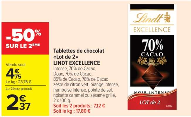 Tablettes de chocolat «Lot de 2» LINDT EXCELLENCE