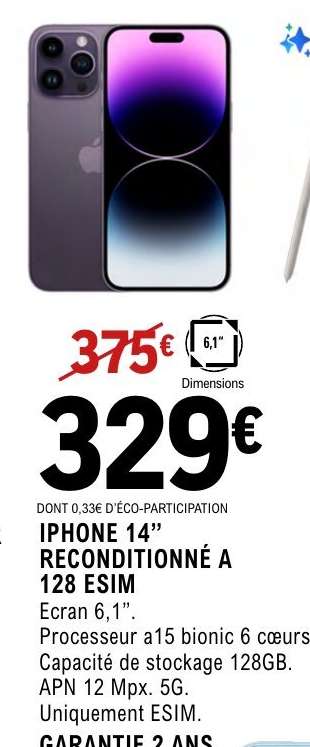 IPHONE 14” RECONDITIONNÉ A 128 ESIM