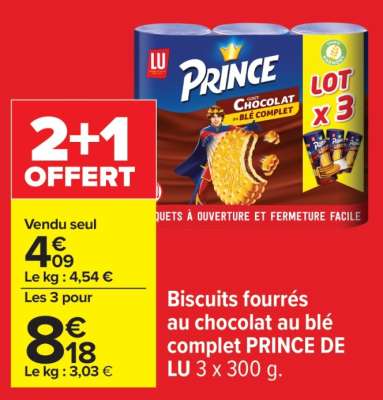 Biscuits fourrés au chocolat au blé complet PRINCE DE LU 3 x 300 g