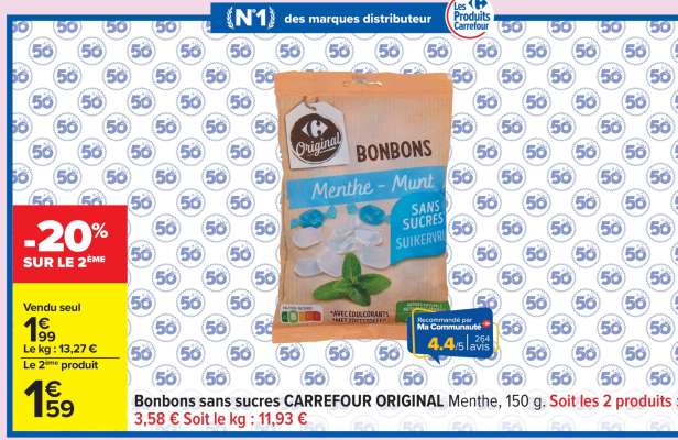 Bonbons sans sucres CARREFOUR ORIGINAL Menthe