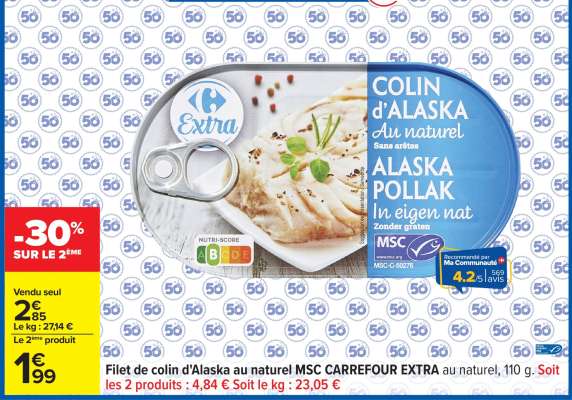Filet de colin d'Alaska au naturel MSC CARREFOUR EXTRA