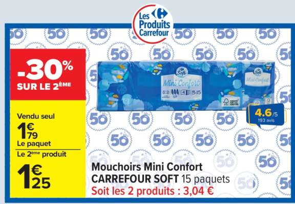 Mouchoirs Mini Confort CARREFOUR SOFT 15 paquets