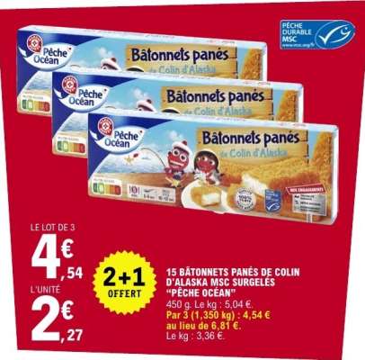 15 BÂTONNETS PANÉS DE COLIN D'ALASKA MSC SURGELÉS “PÊCHE OCÉAN”