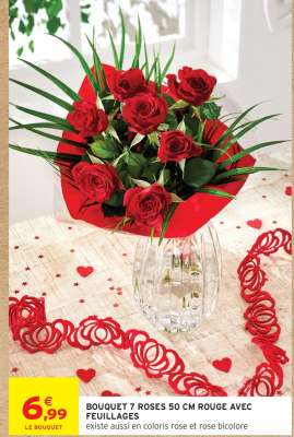 BOUQUET 7 ROSES 50 CM ROUGE AVEC FEUILLAGES