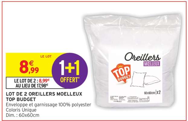 LOT DE 2 OREILLERS MOELLEUX TOP BUDGET