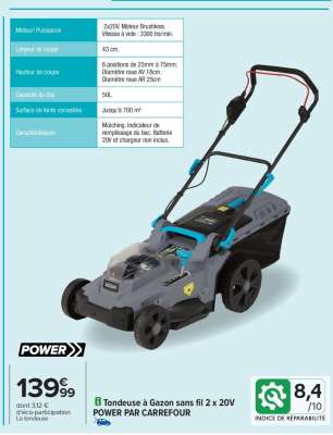 Tondeuse à Gazon sans fil 2 x 20V POWER PAR CARREFOUR