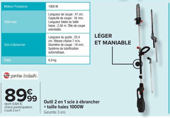 Outil 2 en 1 scie à ébrancher + taille haies 1000W