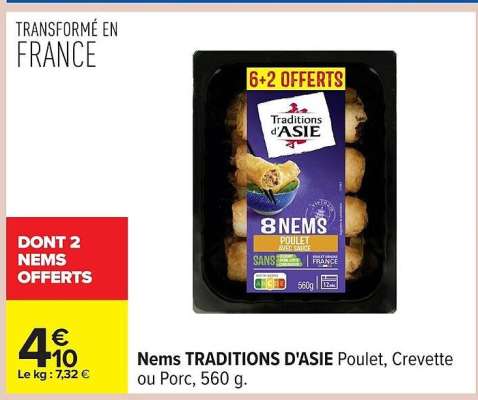 Nems TRADITIONS D'ASIE Poulet, Crevette ou Porc, 560 g