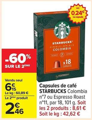 Capsules de café STARBUCKS Colombia n°7 ou Espresso Roast n°11