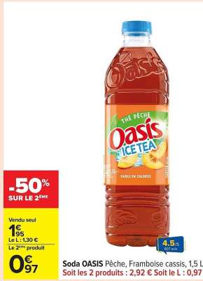 Soda OASIS Pêche, Framboise cassis, 1,5 L