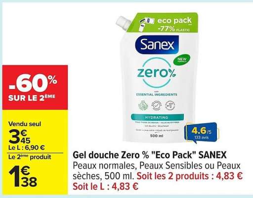Gel douche Zero % "Eco Pack" SANEX