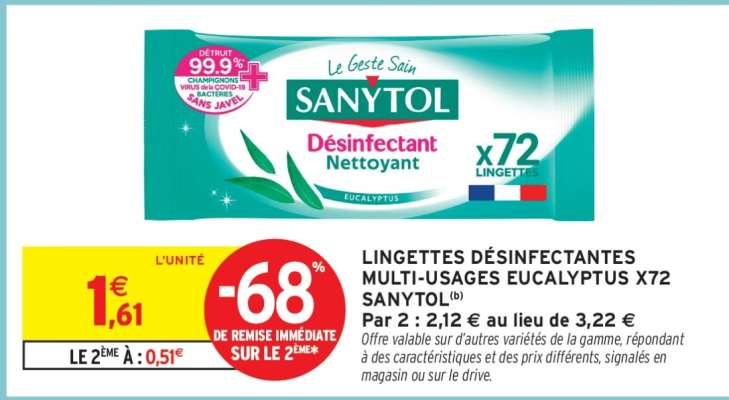 LINGETTES DÉSINFECTANTES MULTI-USAGES EUCALYPTUS X72 SANYTOL