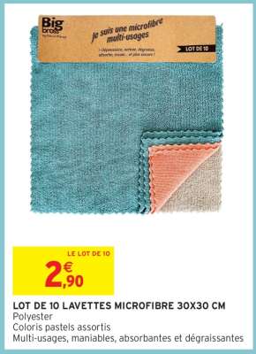LOT DE 10 LAVETTES MICROFIBRE 30X30 CM