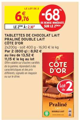 TABLETTES DE CHOCOLAT LAIT PRALINÉ DOUBLE LAIT CÔTE D'OR