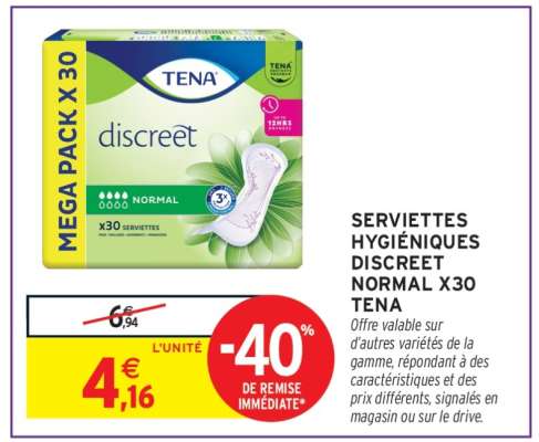 SERVIETTES HYGIÉNIQUES DISCREET NORMAL X30 TENA
