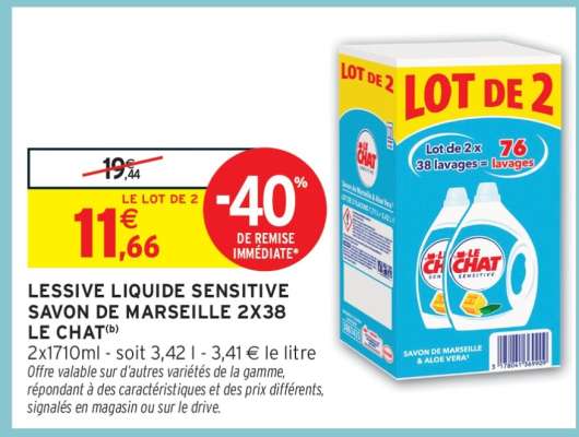 LESSIVE LIQUIDE SENSITIVE SAVON DE MARSEILLE 2X38 LE CHAT