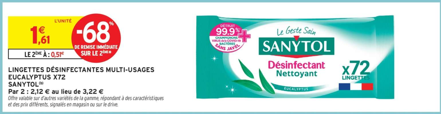 LINGETTES DÉSINFECTANTES MULTI-USAGES EUCALYPTUS X72 SANYTOL