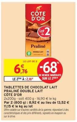TABLETTES DE CHOCOLAT LAIT PRALINÉ DOUBLE LAIT CÔTE D'OR