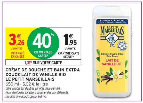 CRÈME DE DOUCHE ET BAIN EXTRA DOUCE LAIT DE VANILLE BIO LE PETIT MARSEILLAIS
