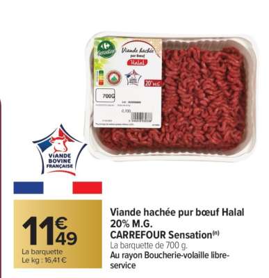 Viande hachée pur bœuf Halal 20% M.G. CARREFOUR SENSATION