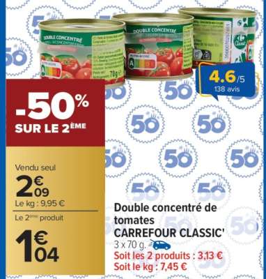 Double concentré de tomates CARREFOUR CLASSIC’