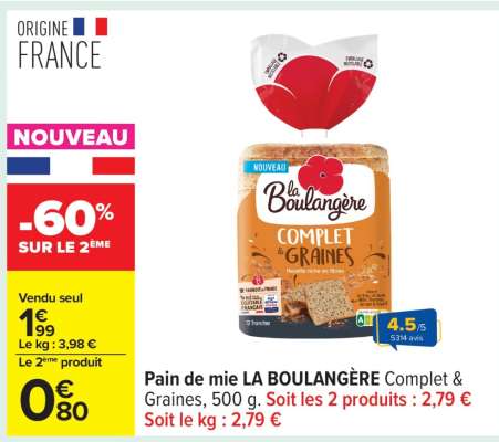 Pain de mie LA BOULANGÈRE Complet & Graines, 500 g
