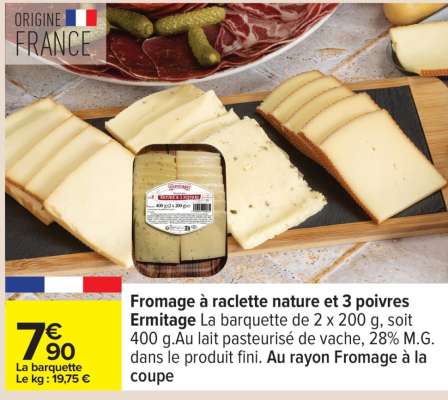 Fromage à raclette nature et 3 poivres Ermitage