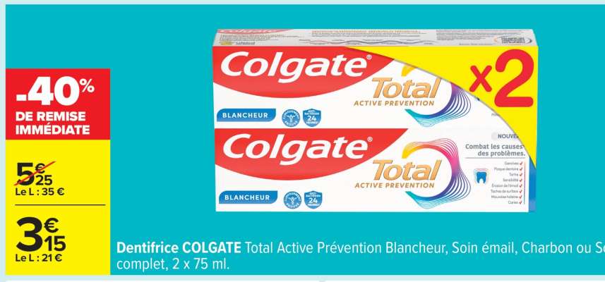 Dentifrice COLGATE Total Active Prévention Blancheur