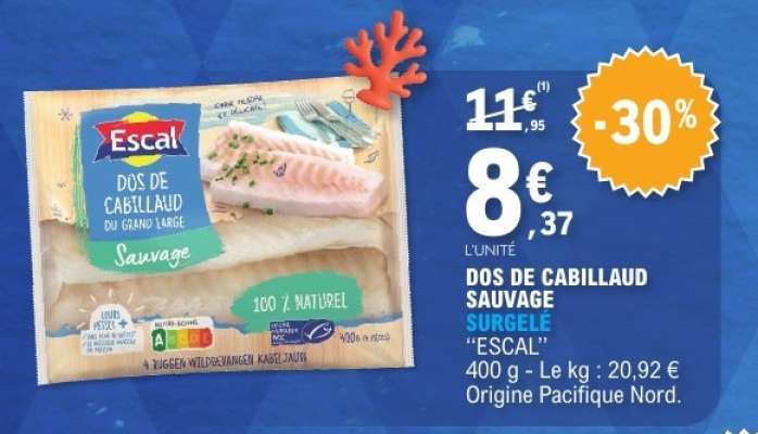 DOS DE CABILLAUD SAUVAGE SURGELÉ “ESCAL”