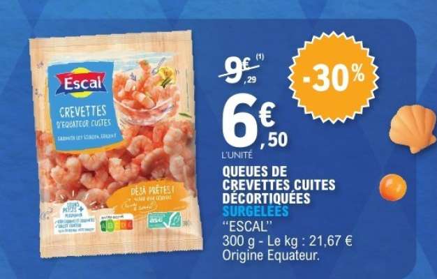 QUEUES DE CREVETTES CUITES DÉCORTIQUÉES SURGELÉES "ESCAL"