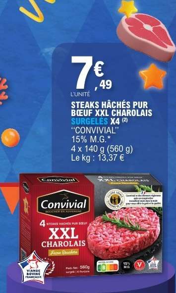 STEAKS HACHÉS PUR BŒUF XXL CHAROLAIS SURGELÉS X4