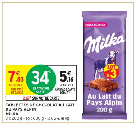 TABLETTES DE CHOCOLAT AU LAIT DU PAYS ALPIN