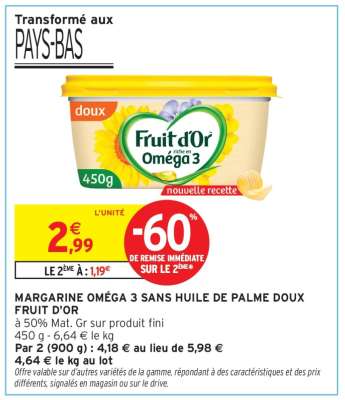 MARGARINE OMÉGA 3 SANS HUILE DE PALME DOUX FRUIT D'OR