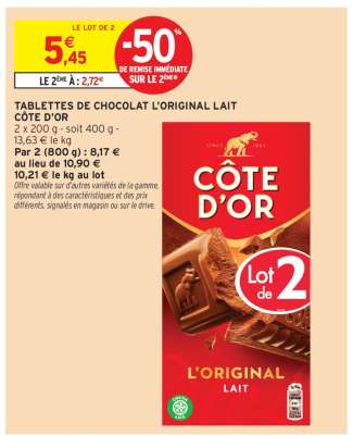Tablettes De Chocolat L'original Lait Côte D'or