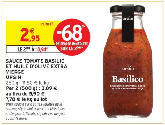 Sauce Tomate Basilic et Huile d'Olive Extra Vierge Ursini