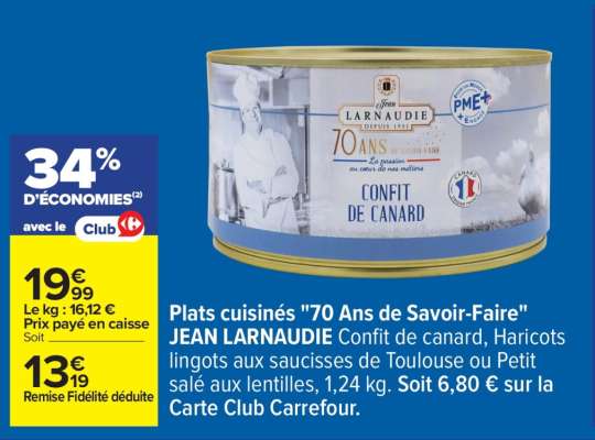 Plats cuisinés "70 Ans de Savoir Faire" JEAN LARNAUDIE