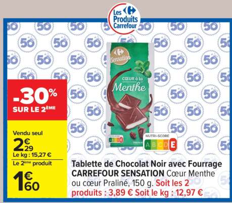 Tablette de Chocolat Noir avec Fourrage CARREFOUR SENSATION