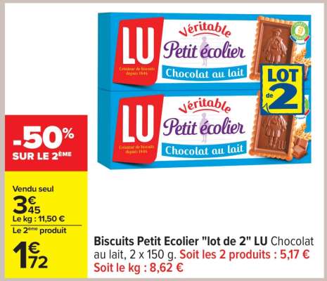 Biscuits Petit Ecolier "lot de 2" LU Chocolat au lait