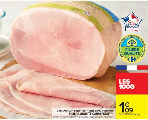 Jambon cuit supérieur fumé avec couenne