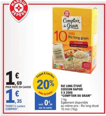 Riz long étuvé cuisson rapide 5 x 200g 'Comptoir du Grain'
