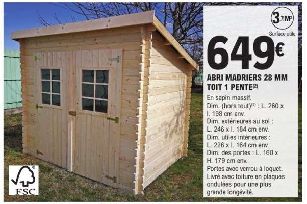 ABRI MADRIERS 28 MM TOIT 1 PENTE