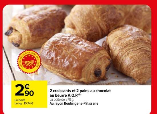 2 croissants et 2 pains au chocolat au beurre A.O.P.