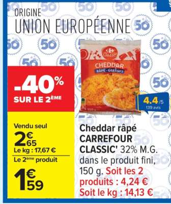 Cheddar râpé CARREFOUR CLASSIC'
