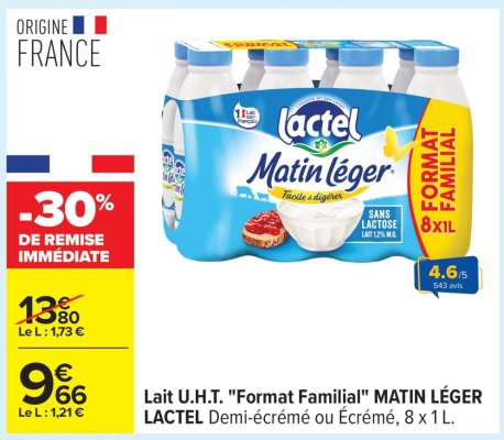 Lait U.H.T. «Format Familial» MATIN LÉGER LACTEL