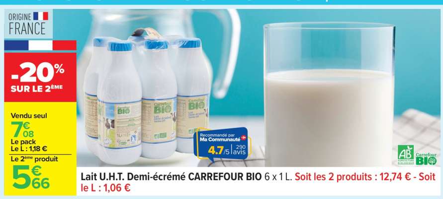 Lait U.H.T. Demi-écrémé CARREFOUR BIO 6 x 1 L