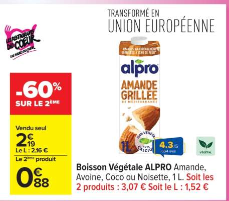 Boisson Végétale ALPRO Amande, Avoine, Coco ou Noisette, 1 L